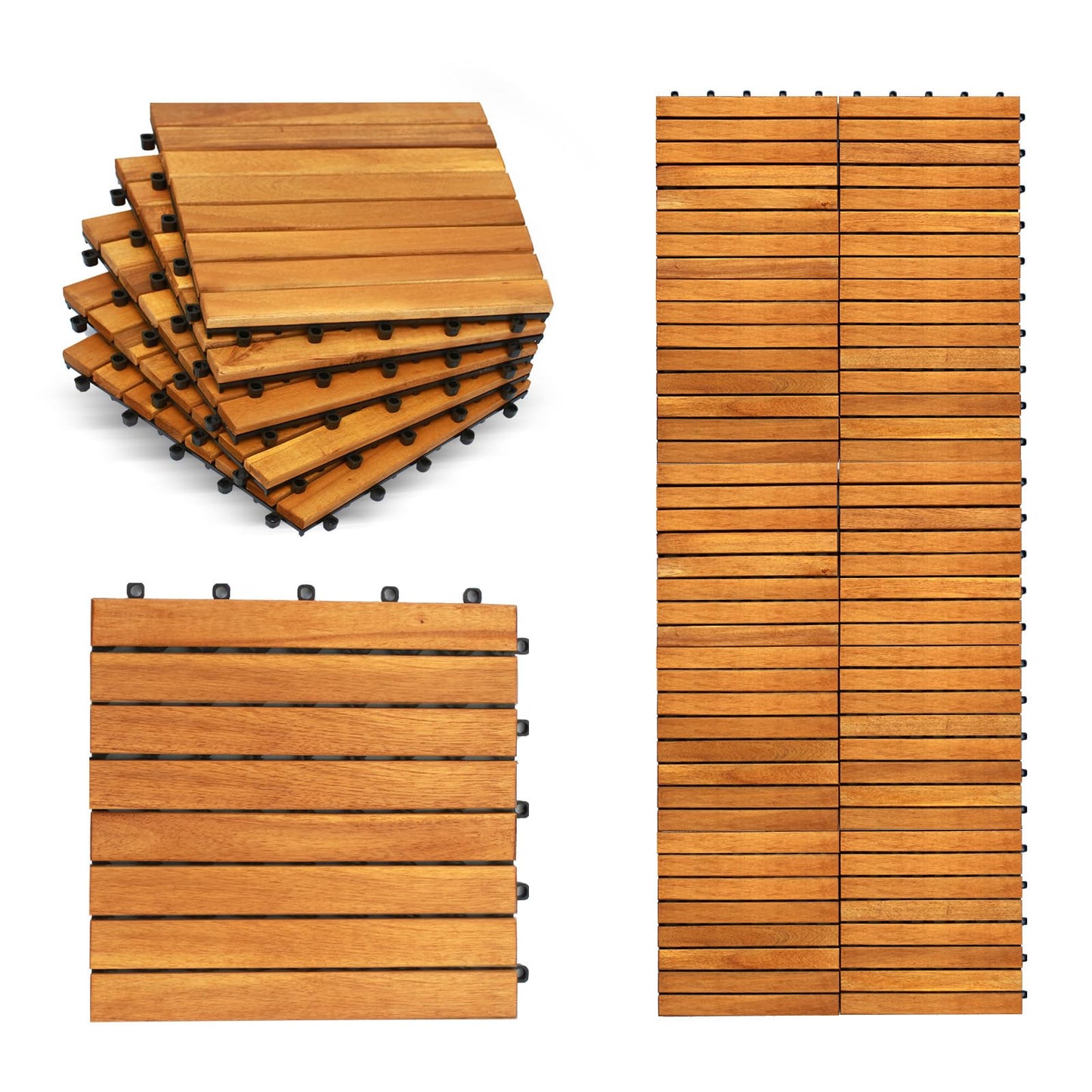 10 Pcs Interlocking Deck Tiles 12"x12", Waterproof Patio Floor Tiles, Easy Snap All Weather Acacia Wood Tiles, Balcony Flooring, Backyard Flooring, Indoor Outdoor Solid Wood Tiles (Natural)