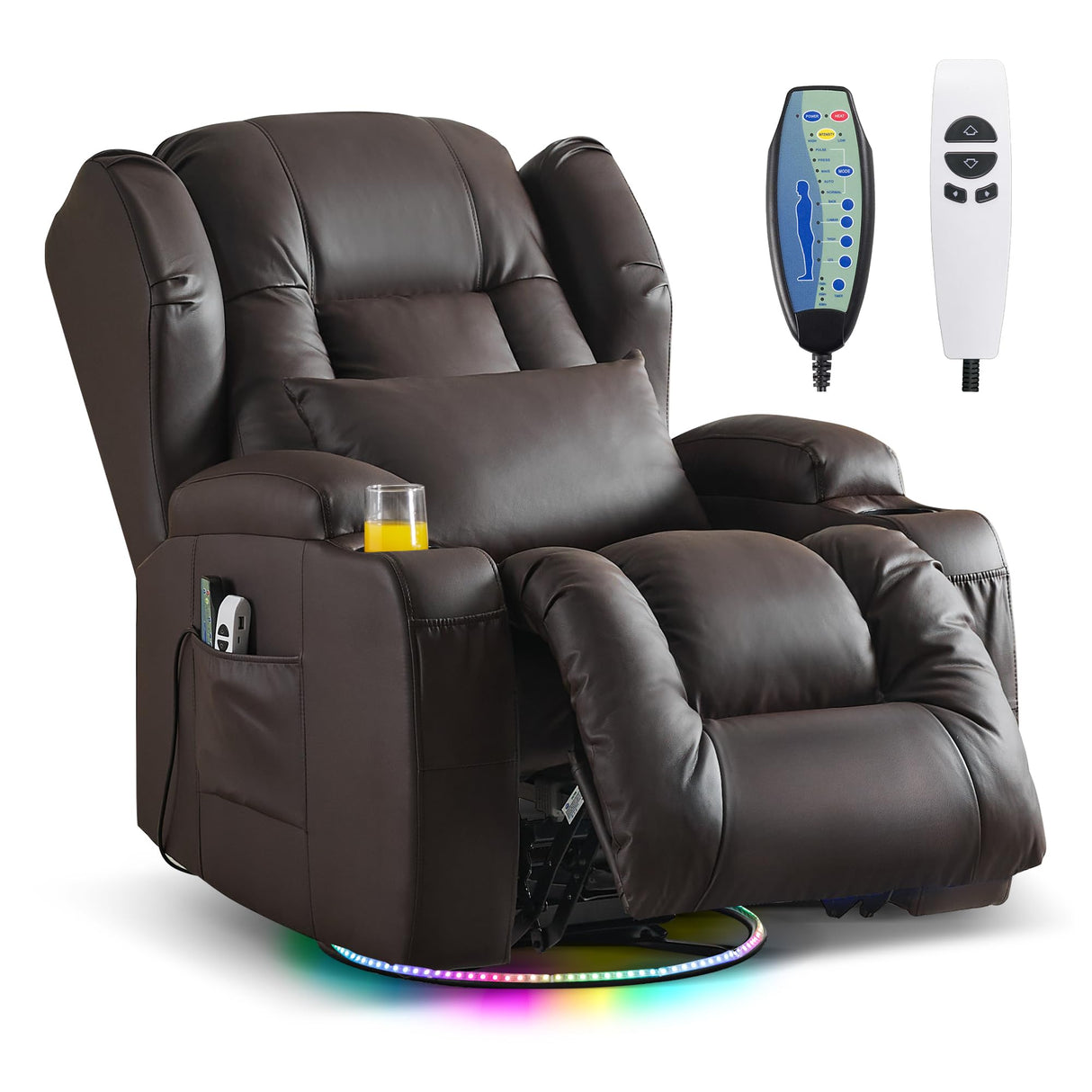 DRMBOOK Power Swivel Rocker Recliner Chairs, Electric Wall Hugger Reclining Sofa with Massage & Heat for Adults, Comfy Theater Seating Single Chair with LED Light/USB/Type-C Ports (Leather Brown) DRMBOOK