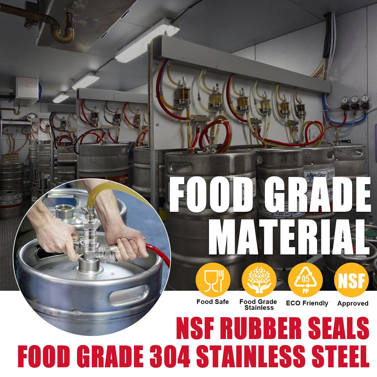MRbrew All 304 Stainless Steel Keg Coupler, Commercial Sankey Kegerator D System Keg Tap Dispenser for I.D 5/16'' Draft Beer Line Gas Brewing Tubing with Check Valve Sealing Washer Hose Clamp MRbrew