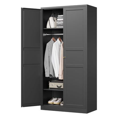 MIIIKO Wardrobe Closet with 2 Doors, 72" Metal Wardrobe Cabinet with Hanging Rod, Bedroom Armoires Laundry Room and Office Clothes Storage Organizer Cabinets Black