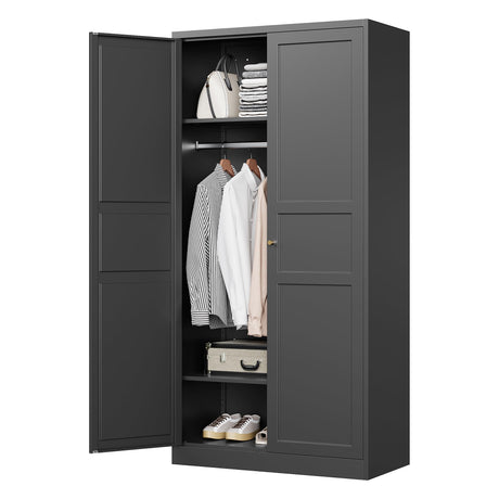 MIIIKO Wardrobe Closet with 2 Doors, 72" Metal Wardrobe Cabinet with Hanging Rod, Bedroom Armoires Laundry Room and Office Clothes Storage Organizer Cabinets Black MIIIKO