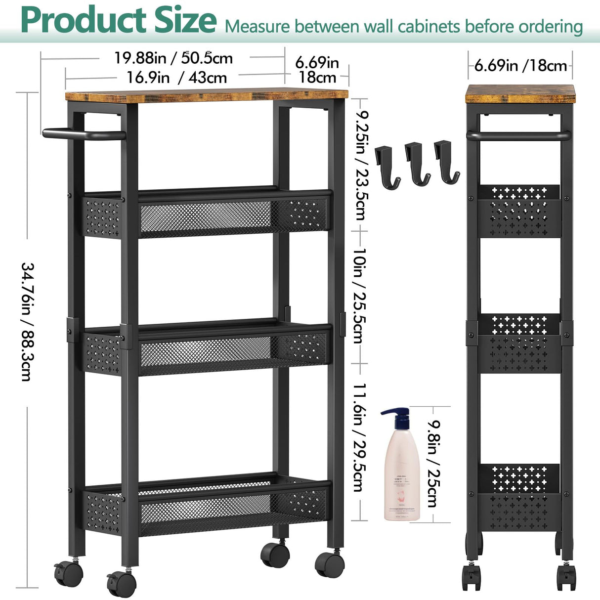 Vivihomety Utility Slim Storage Cart with Wheels, 4 Tier Small Rolling Cart with Wood Top, Metal Kitchen Bathroom Laundry Room Organization Trolley with Handle for Narrow Space – Black Vivihomety