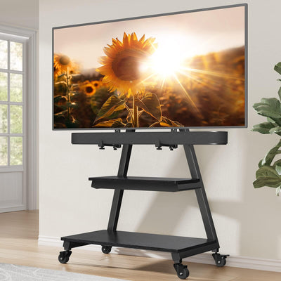 Perlegear Mobile TV Stand with Soundbar Mount, Rolling Floor TV Stand with Wheels for 43-80" TVs up to 132lbs, Mobile TV Cart with Storage Shelves, Tilt Swivel Corner TV Cart Max VESA 600x400mm