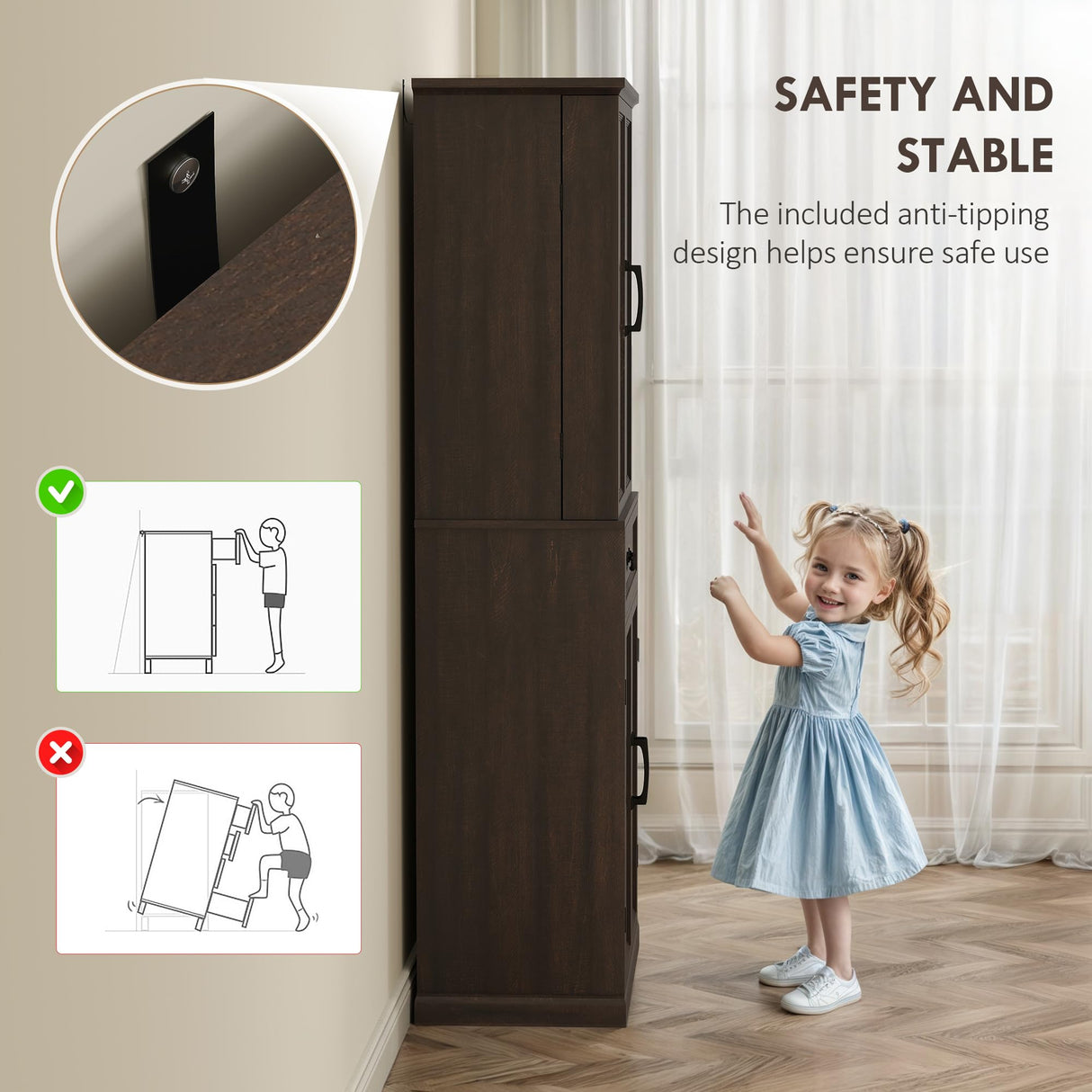 HOMCOM 71" LED Kitchen Pantry Cabinet, Farmhouse Tall Freestanding Storage Cabinet with Door Shelves, Adjustable Shelves and Drawer for Kitchen and Dining Room, Distressed Brown HOMCOM