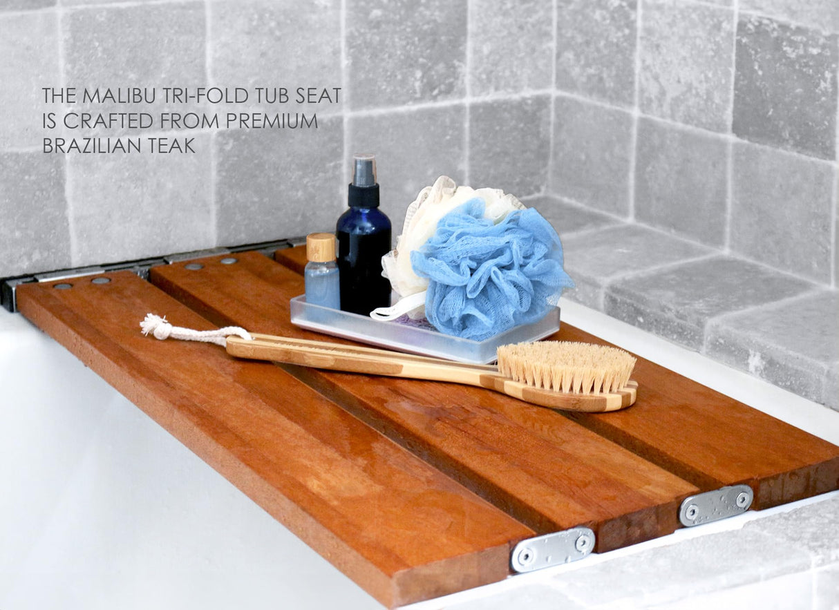 29 inch Malibu Removable Tri-Fold Bathtub Bench Seat, Teak Wood Seachrome