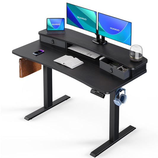 HUANUO 48″ x 24″ Electric Standing Desk with 2 Drawers, C-Clamp Mount Compatible, Height Adjustable Computer Desk, Home Office Stand Up Desk with 4 Preset Heights & 2 Hooks, Black - WoodArtSupply