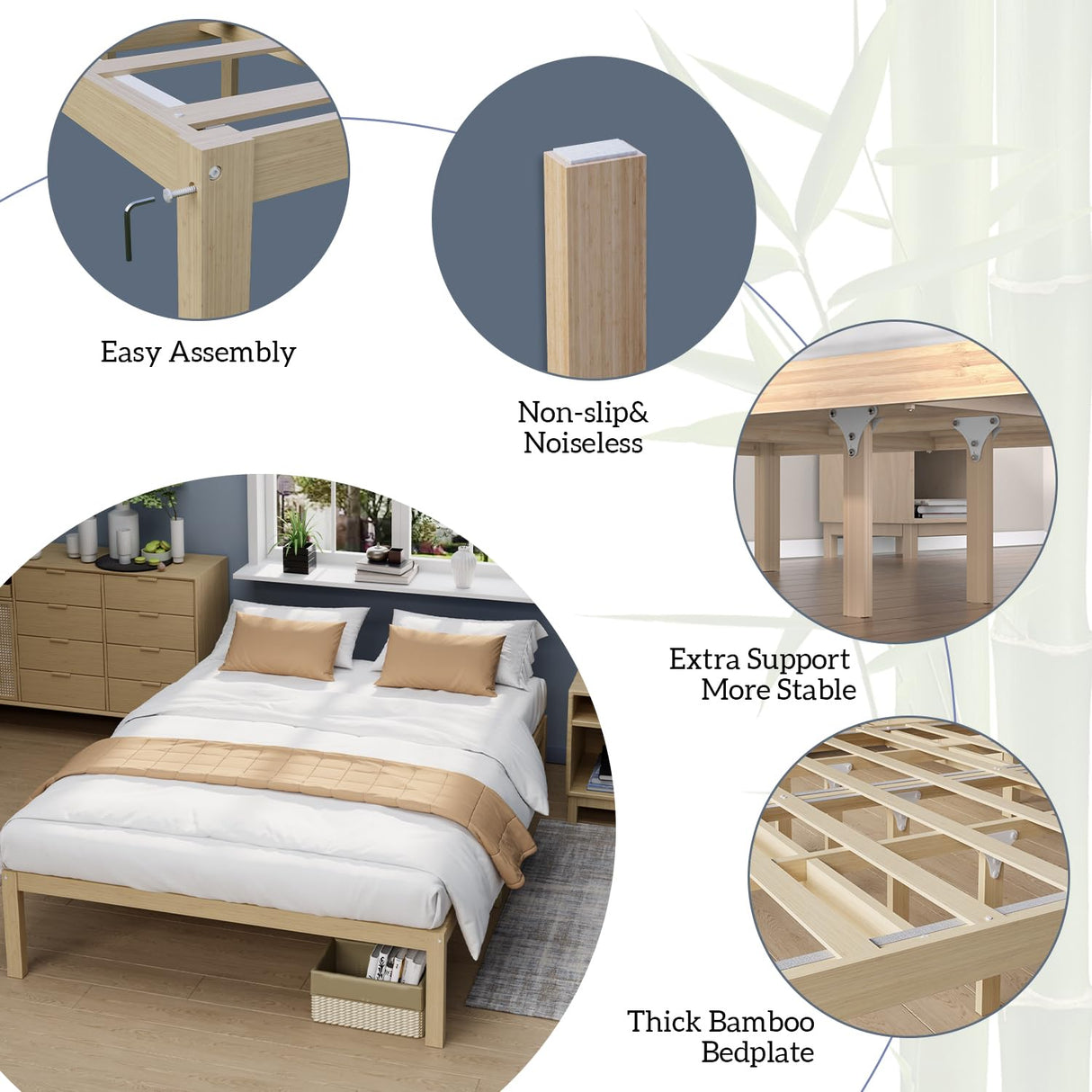 Bamboo Bed Frame Queen Size Wood Platform Bedframe Solid Stable with Non-Slip Slats Support Tall Bed No Box Spring Needed Heavy Duty Easy Assembly Noise Free Nature bambooflow