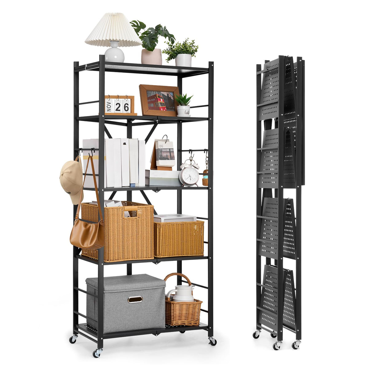 VEVOR 5-Tier Foldable Storage Shelf, 28W x 15D x 64H Inch Folding Metal Rack Shelving Unit, No Assembly Organizer Shelf with 5 Wheels & 4 Hooks for Pantry, Kitchen, Garage, Basement, Black VEVOR