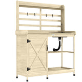 Outsunny Outdoor Wooden Potting Bench Table with Sink and Water Tap, Garden Workstation with Storage Cabinet, Storage Shelves for Backyard, Patio, Balcony, Natural Outsunny