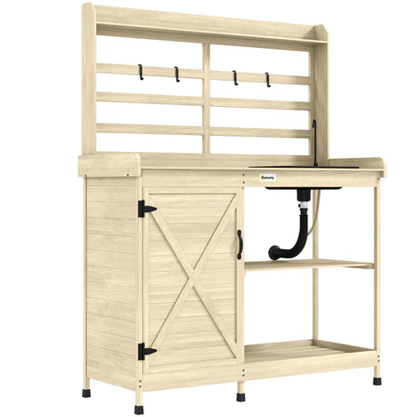 Outsunny Outdoor Wooden Potting Bench Table with Sink and Water Tap, Garden Workstation with Storage Cabinet, Storage Shelves for Backyard, Patio, Balcony, Natural Outsunny