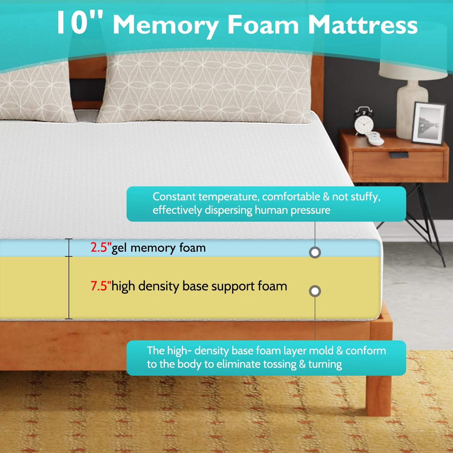 FDW 10 inch California King Mattress Gel Memory Foam Mattress Medium Firm Mattresses for Cool Sleep Relieving Pressure Relief CertiPUR-US Certified Mattress in a Box