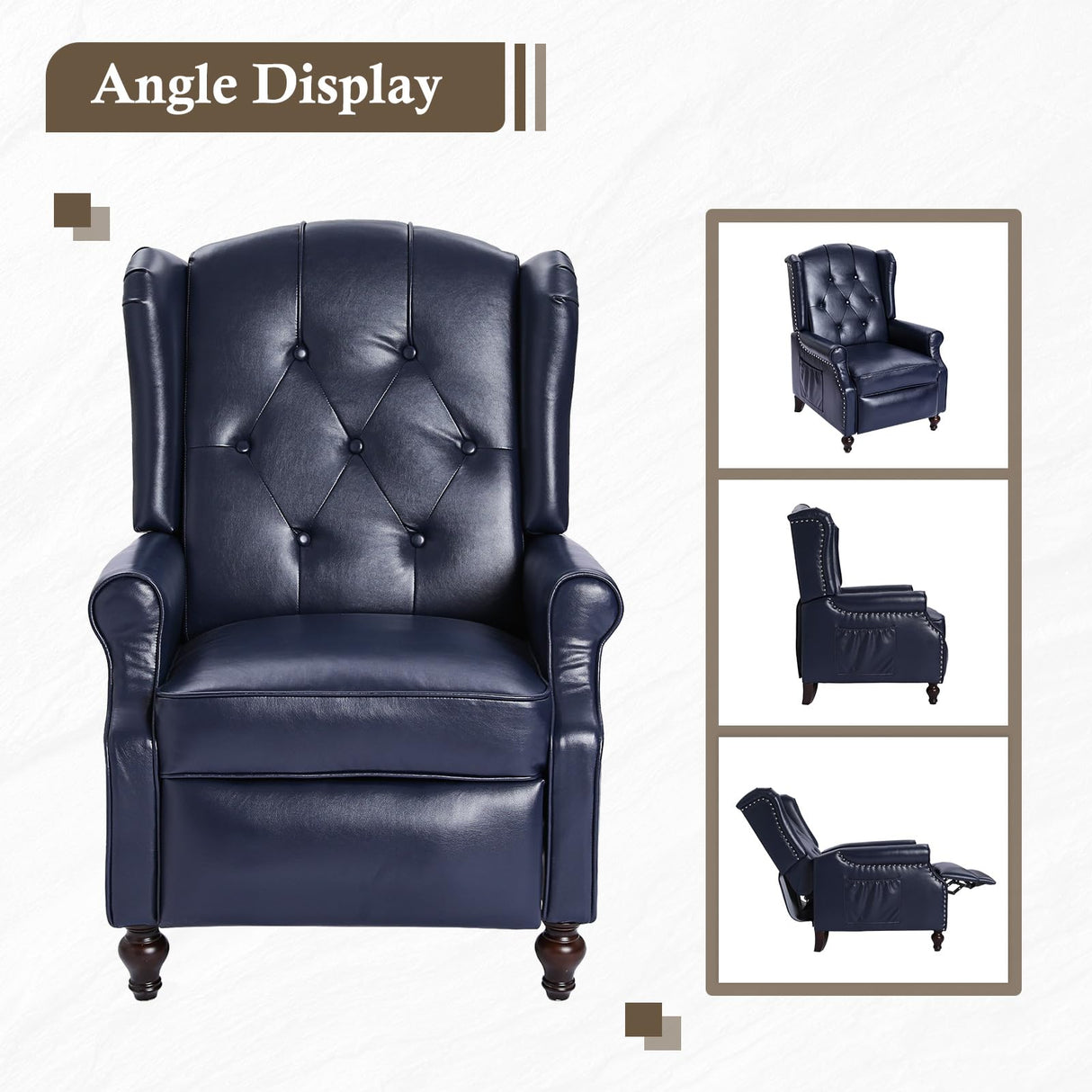 PALLOME Wingback Recliner Chair with Massage and Heat PU Leather Push Back Arm Chair, Recliner Chair for Living Room Bedroom Home Theater (1,Navy Blue) PALLOME