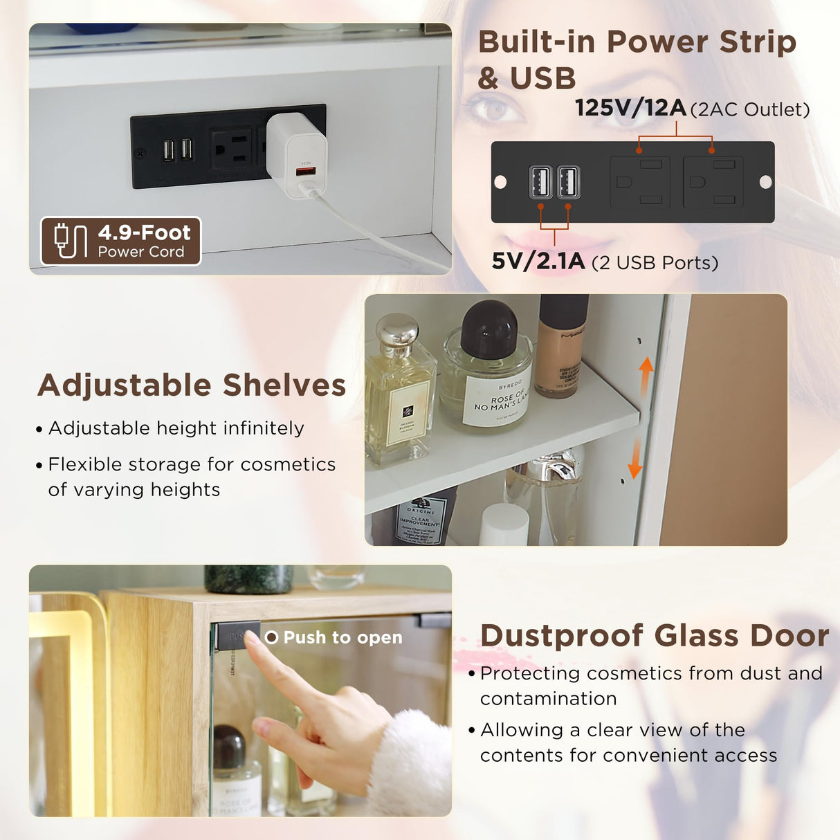 T4TREAM 48" Fluted Makeup Vanity Desk with Large 36" Mirror and Lights, Modern Glass Top Big Vanity Table with 5 Drawers & Adjustable Shelves, Dressing Table Set w/Charging Station for Bedroom, White T4TREAM