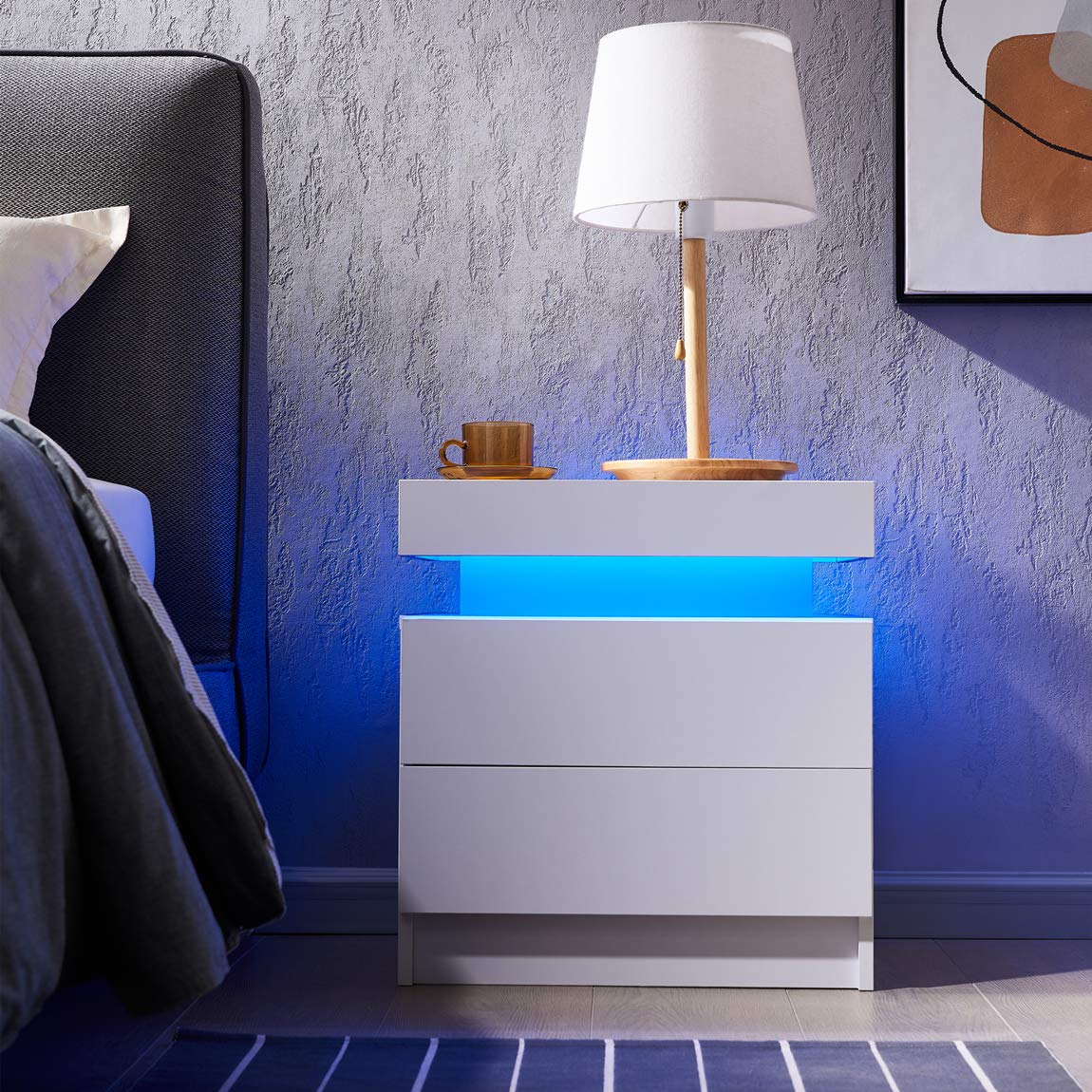 Generic Nightstand LED Set of 2 Bedside Table LED Cabinet with LED Lights Modern End Side Table with 2 Drawers for Bedroom (White), 13D x 19W x 20H in (JCFDB) - WoodArtSupply