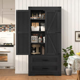 Quimoo 71" Farmhouse Tall Storage Cabinet with Barn Doors, Kitchen Pantry Cabinet with 2 Drawers & Adjustable Shelf, Pantry Storage Cabinet, for Kitchen, Living Room, Dining Room, Black Quimoo