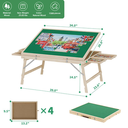 Puzzle Table with Drawers for Adults - Jigsaw Puzzle Table with Rotating 1500 Piece Puzzle Board, Portable Puzzle Table with Foldable Legs, Tilting Puzzle Board with Cover, Present for Puzzle - WoodArtSupply