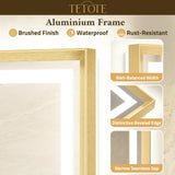 TETOTE 22 x 30 Bathroom LED Mirror Brushed Gold Metal Frame Frontlit & Backlit Vanity Mirror Anti-Fog Stepless Dimmable 3 Colors White/Warm/Natural Mirror with Lights Wall-Mounted TETOTE
