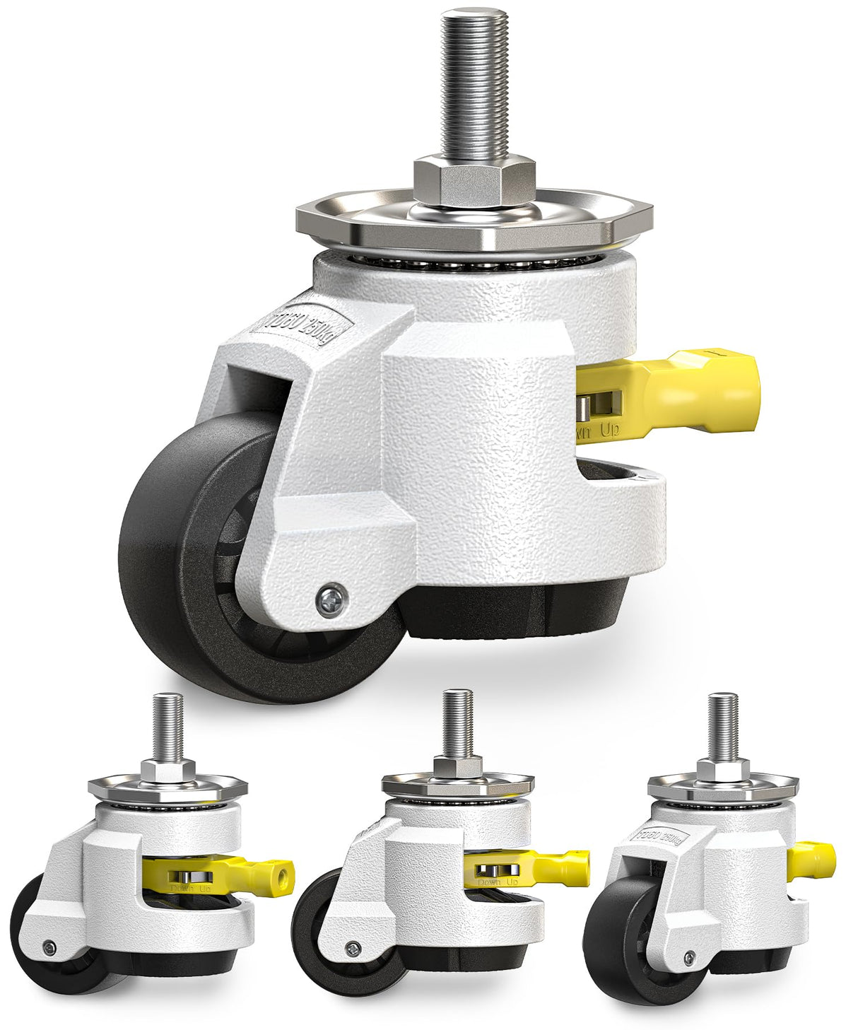 HOLKIE Leveling Stem Casters Set of 4 Heavy Duty Retractable Caster Wheels, 1/2" and M12 Stem Size, Total Capacity 2200 Lbs, Adjustable Wheel with Ratchet Handle for Workbench, Machine, Equipment HOLKIE
