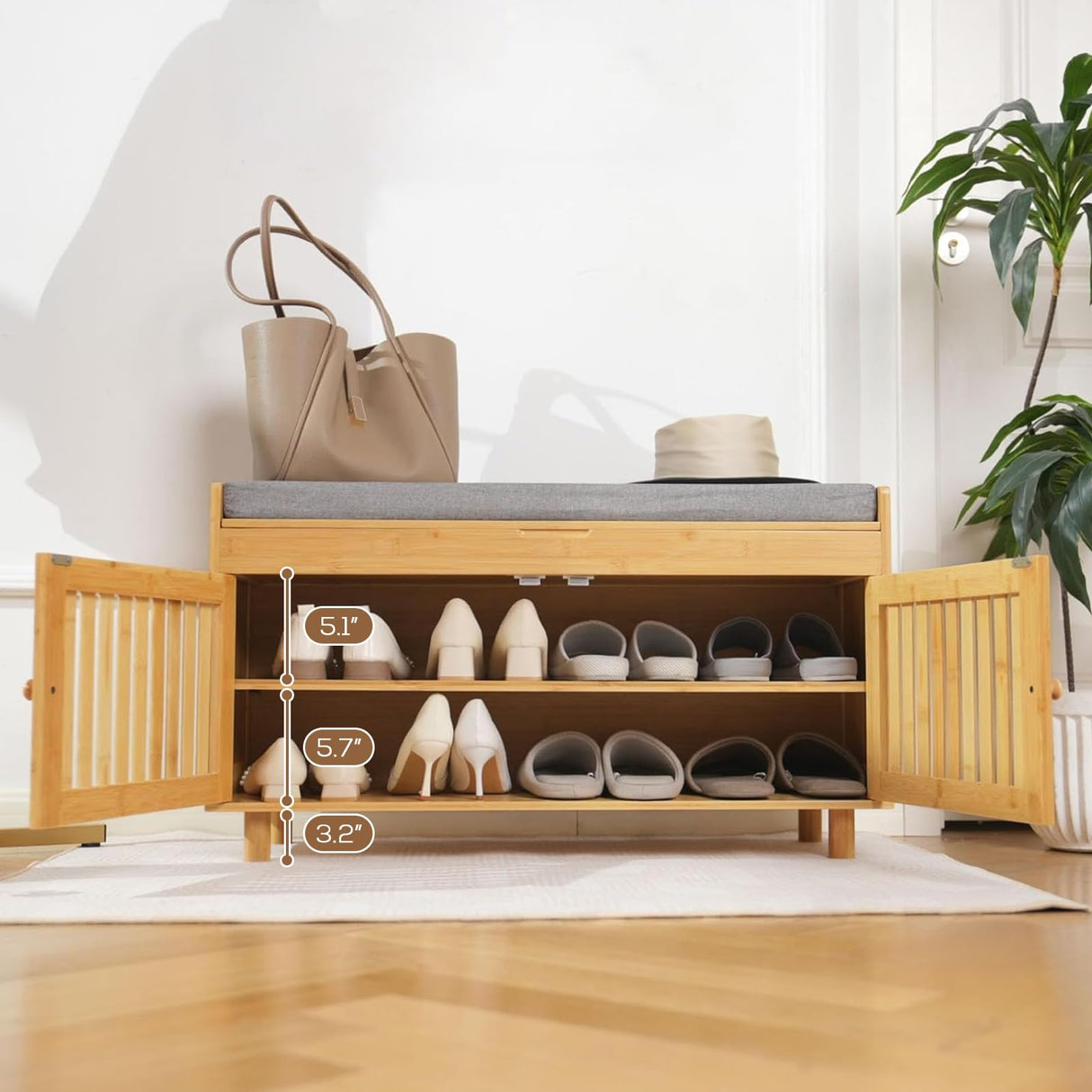 Shoe Storage Bench, Bamboo Entryway Bench with 2 Doors & Padded Seat Cushion, 2 Tier Shoe Rack, 35.4" W x 12.6" D x 19.7" H, Shoe Cabinet Organizer for Entryway, Living Room, Bedroom, Hallway, Nature oakvivo