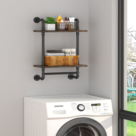 Helsin Industrial Pipe Floating Bathroom Shelves Wall Mounted with Towel bar, 2 Tier Rustic Wood Wall Shelf, 16inch Metal Towel Rack Storage Bookshelf for Bathroom, Kitchen, Farmhouse, Living Room Helsin