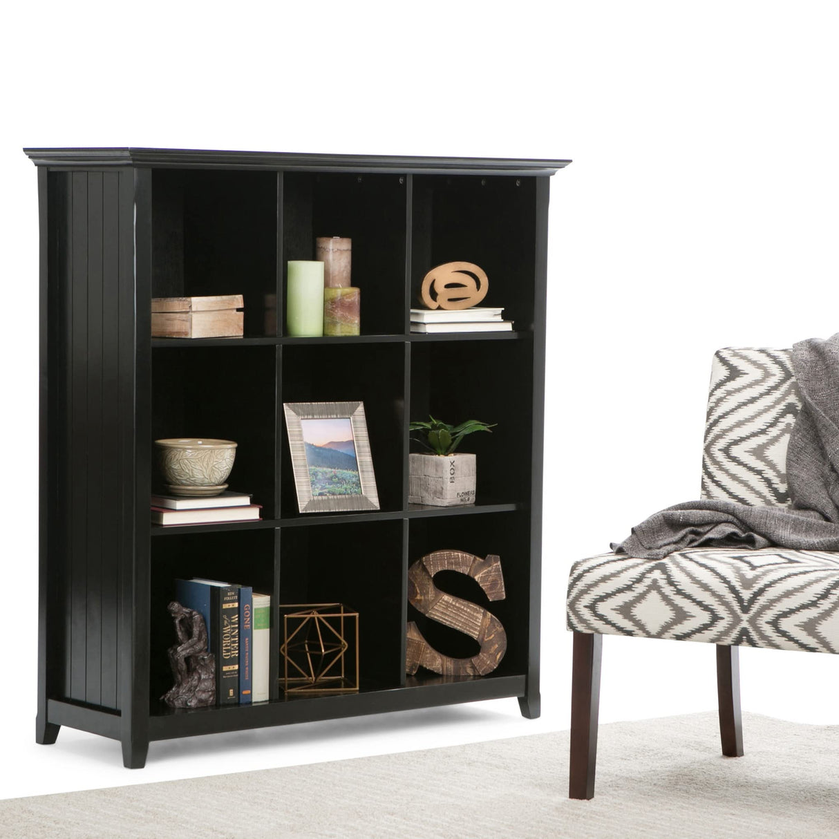 SIMPLIHOME Acadian SOLID WOOD 44 Inch Transitional 9 Cube Bookcase and Storage Unit in Black, For the Living Room, Study Room and Office SIMPLIHOME