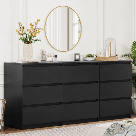 Angel Sar 62'' Black Dresser for Bedroom, Modern 9 Drawer Wood Dresser with Handle-Free Design & Thick Panel, Minimalist Storage Cabinet for Clothes, Entryway Use Angel Sar