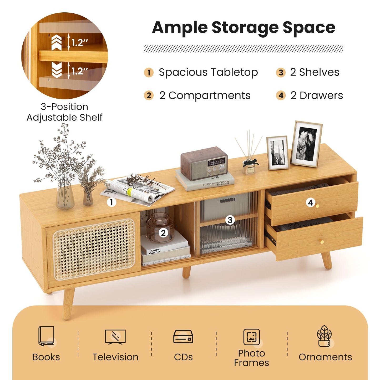 Giantex Bamboo TV Stand for 55 60 65 Inch TV, PE Rattan Entertainment Center with Sliding Doors, Drawers, Open Shelves, 5 Solid Wood Legs, 2 Cable Holes, TV Console Table for Living Room, Bedroom