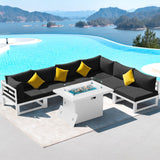 RADIATA 7 Piece L-Shaped Oversized Modern Aluminum Patio Furniture Set, All Weather Modular Sectional Sofa with Fire Pit Table, 500 lbs Heavy Duty Comfortable Outdoor Couch for Backyard Deck, Black RADIATA