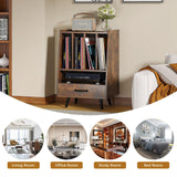 HedoAjim Large Record Player Stand with Vinyl Storage with LED Light, Turntable Stand with Drawer, Midcentury Record Player Table Holds Up to 200+ Albums, DVD Shelf for Music Room Living Room-Walnut HedoAjim