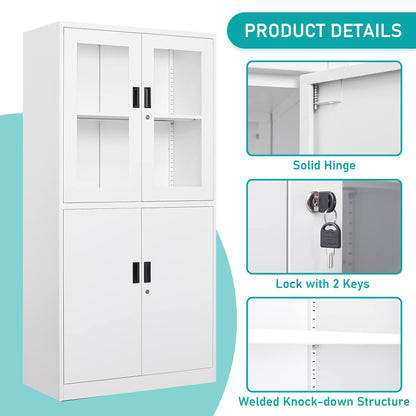 MIIIKO Metal Storage Cabinet with Glass Doors, 2 Tier White Steel Cabinet with Adjustable Shelves and Locking Doors, for Home Office, School and Hospital - WoodArtSupply