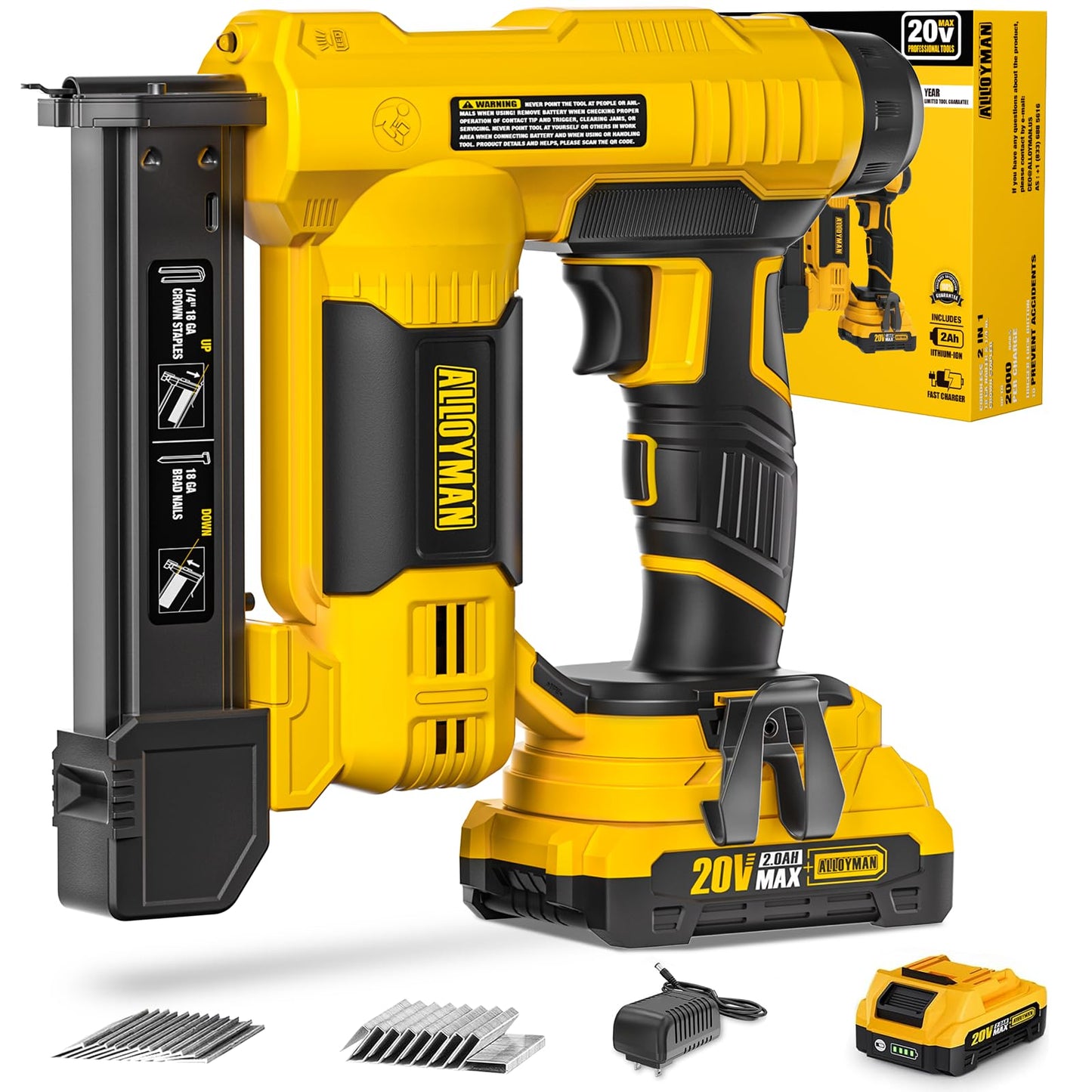 Alloyman 18 Gauge Nail Gun Battery Powered, 2 in 1 Cordless Brad Nailer/Electric Stapler with 2.0Ah Battery and Charger,1000pcs Nails and 1000pcs Staples Included for Home Improvement & Woodw - WoodArtSupply