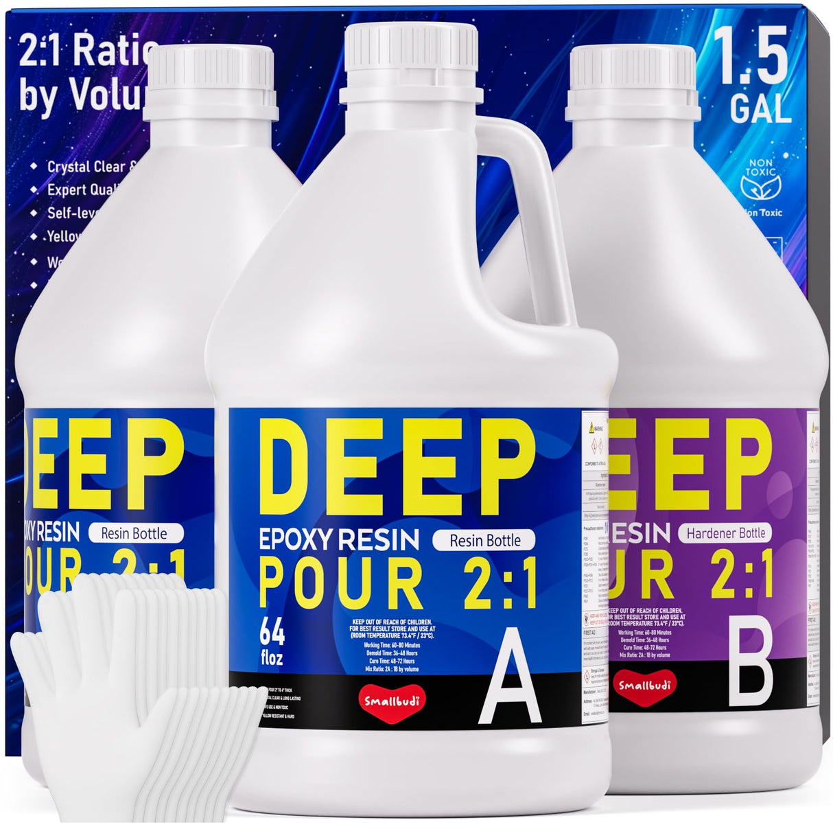 Smallbudi Deep Pour Epoxy Resin, 1.5 Gallon Epoxy Resin Kit for 2-4" Pour Depths, Crystal Clear High Gloss Bubble-Free Casting Resin for Art Craft River Table Wood Filler Bar Top Coating - 2:1 Ratio Smallbudi