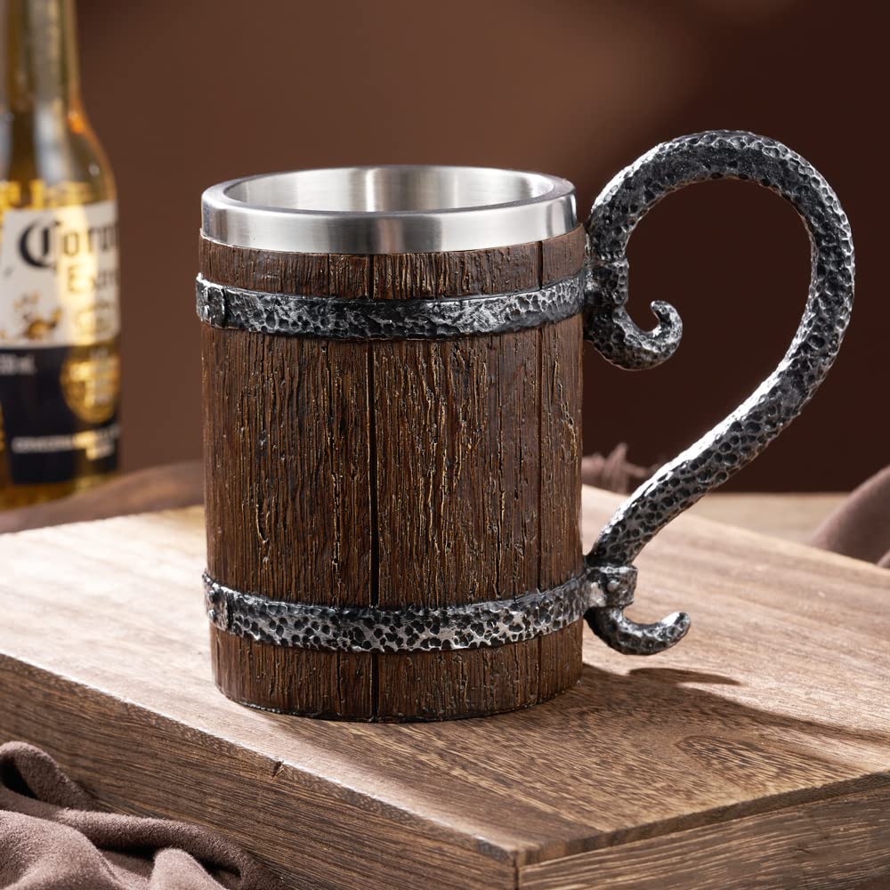 Arola Handmade Wooden Barrel Beer Mug, Stainless Steel Vintage Beer Cup, Medieval Drinkware Mug for Coffee/Beverage/Juice17oz Gift for Men. Arola