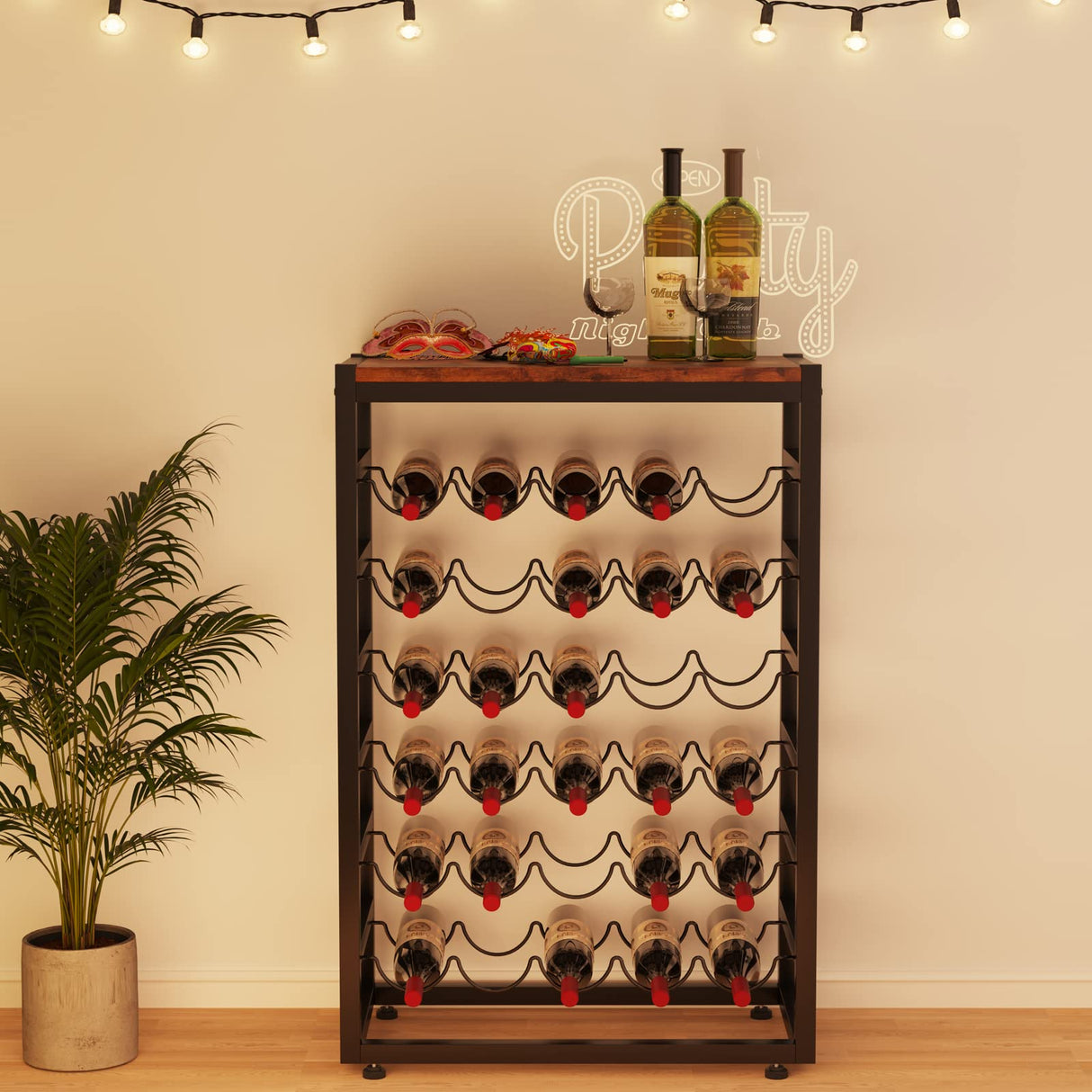 Dripex 30 Bottles Wine Rack Free Standing Floor, 6-Tier Display Wine Storage Shelves with Wooden Table Top, Sturdy Metal Bottle Holder for Kitchen Bar Pantry 23.2''L x 11.8''W x 34.7''H Dripex