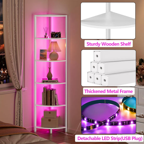 Furnulem 6 Tier Corner Shelf with LED Light, 67.5” Tall Standing Shelf Organizer, White Narrow Bookshelf with Storage Rack for Wall Corner, Living Room, Bedroom, Metal Frame, Wood Display Shelf Furnulem