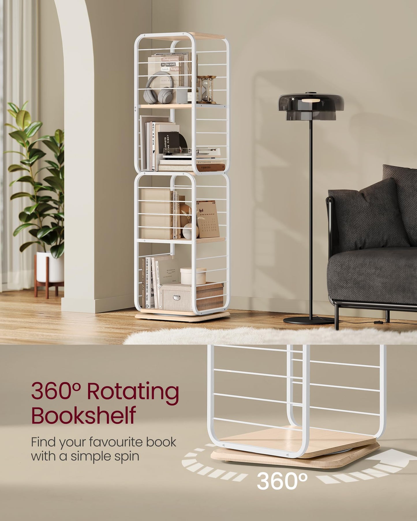 VASAGLE 4-Tier Rotating Corner Bookshelf with Bookends in Cloud White - WoodArtSupply