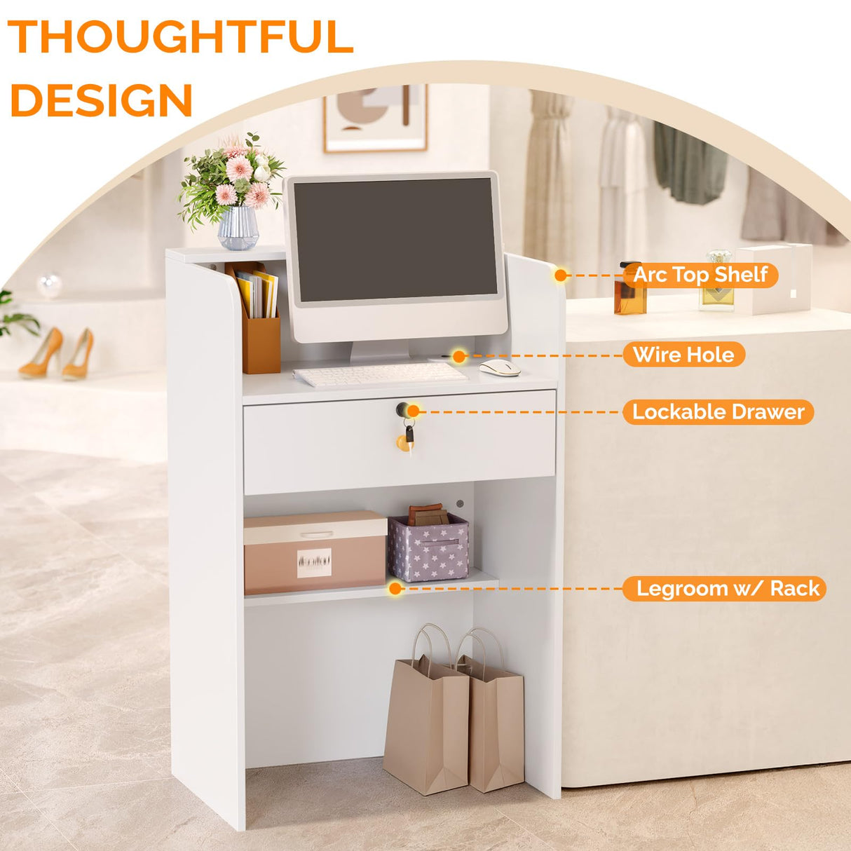 OmySalon Reception Desk with Counter, Small Front Desk w/Lockable Drawer, Wooden Modern Reception Table for Salon Lobby Office Home (White, 24) OmySalon