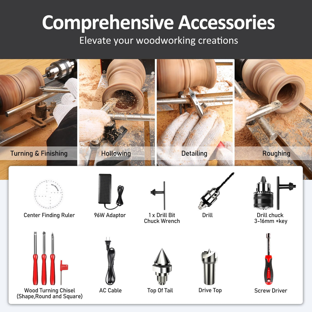 Mini Lathe, WM101A Mini Wood Lathe Machine, 24VDC 96W Power Lathe, Small Benchtop Lathe with Wood Turning Lathe Tools Kits, Infinitely Variable Speed, Professional for DIY Woodworking. ArtyMaster