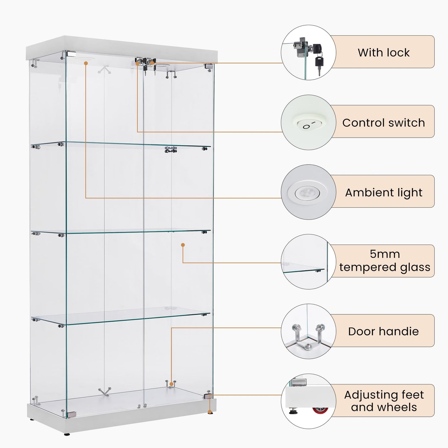 Yoluckea Glass Cabinet with Light, 4 Shelves Glass Display Cabinet w/2 Doors, Floor Standing Clear Glass Curio Cabinet Collection Display Cabinet for Living Room Bedroom 66.3” x 31.5” x 14.2” White