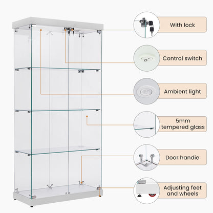 Yoluckea Glass Cabinet with Light, 4 Shelves Glass Display Cabinet w/2 Doors, Floor Standing Clear Glass Curio Cabinet Collection Display Cabinet for Living Room Bedroom 66.3” x 31.5” x 14.2” White