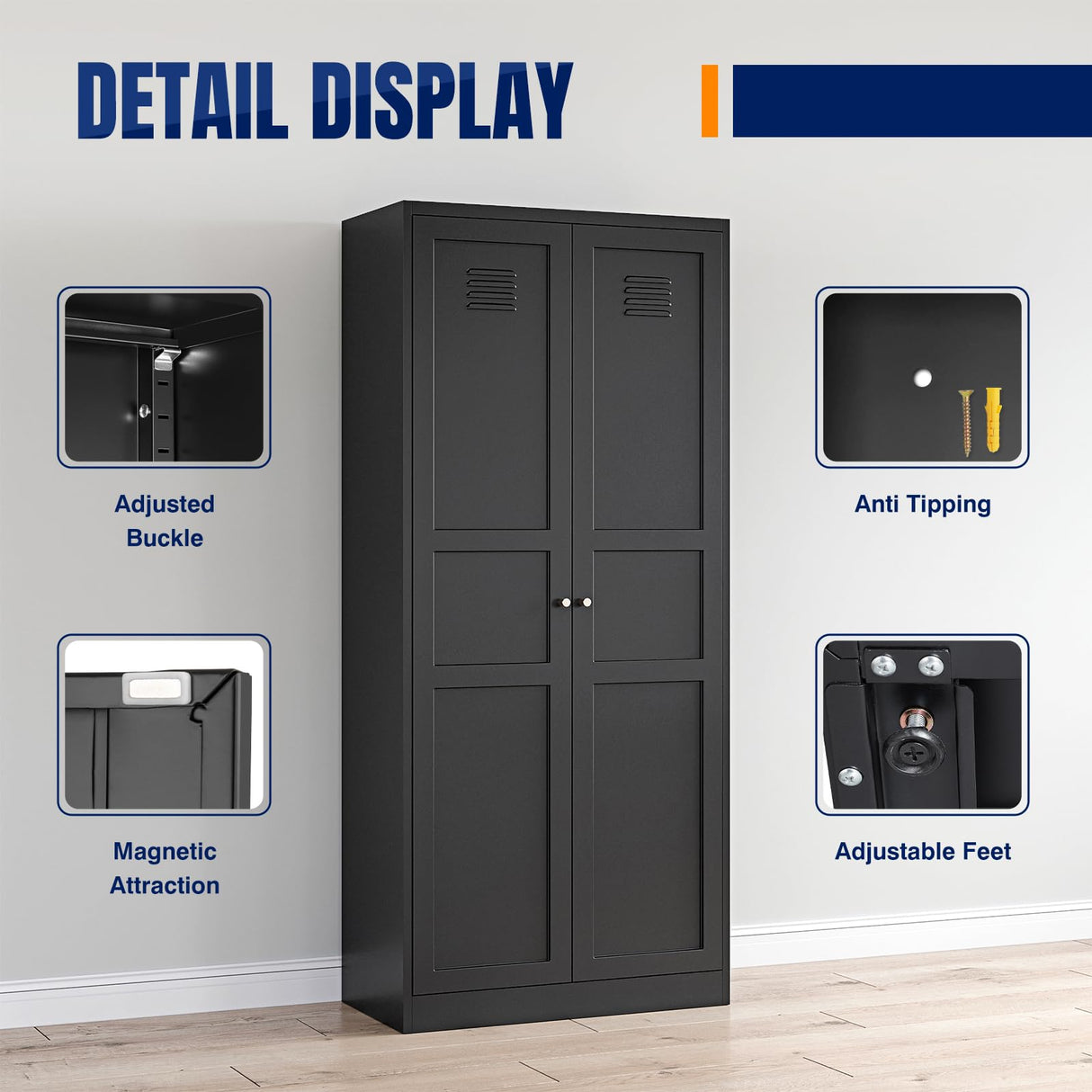 Yizosh Metal Storage Cabinet with 2 Doors and 5 Adjustable Shelves - 71" Black Kitchen Pantry Storage Cabinet, 5-Tier Tall Steel Cabinet Locker for Kitchen, Living Room, Dining Room Yizosh