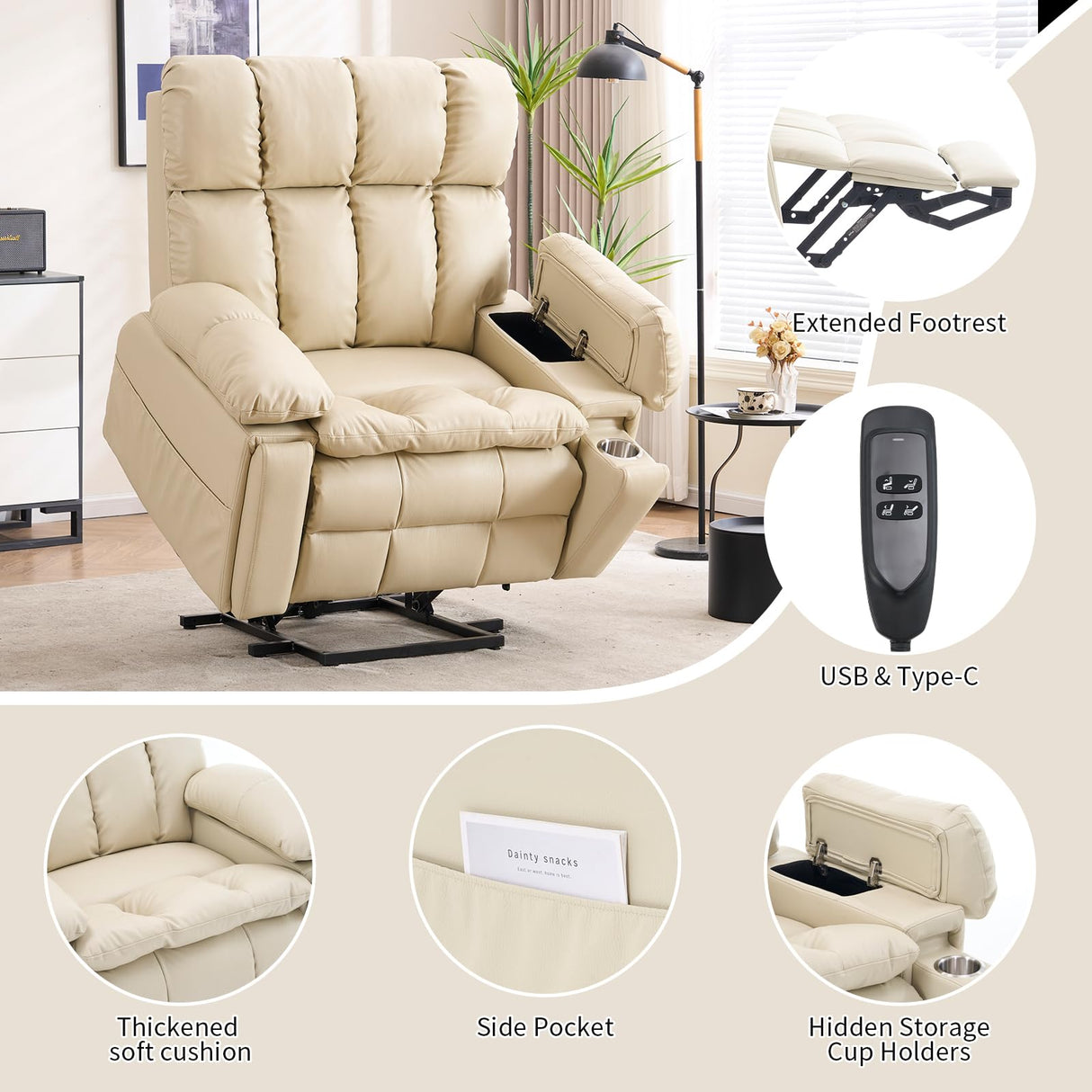 Zuacs Big Tall Man Lay Flat Recliner with Massage Heat, Extra Wide Power Lift Recliner Chair for Elderly,Adjustable Headrest,Extended Footrest, USB Ports,Type C,Hidden Cup Holders,Storage Boxes,Beige Zuacs