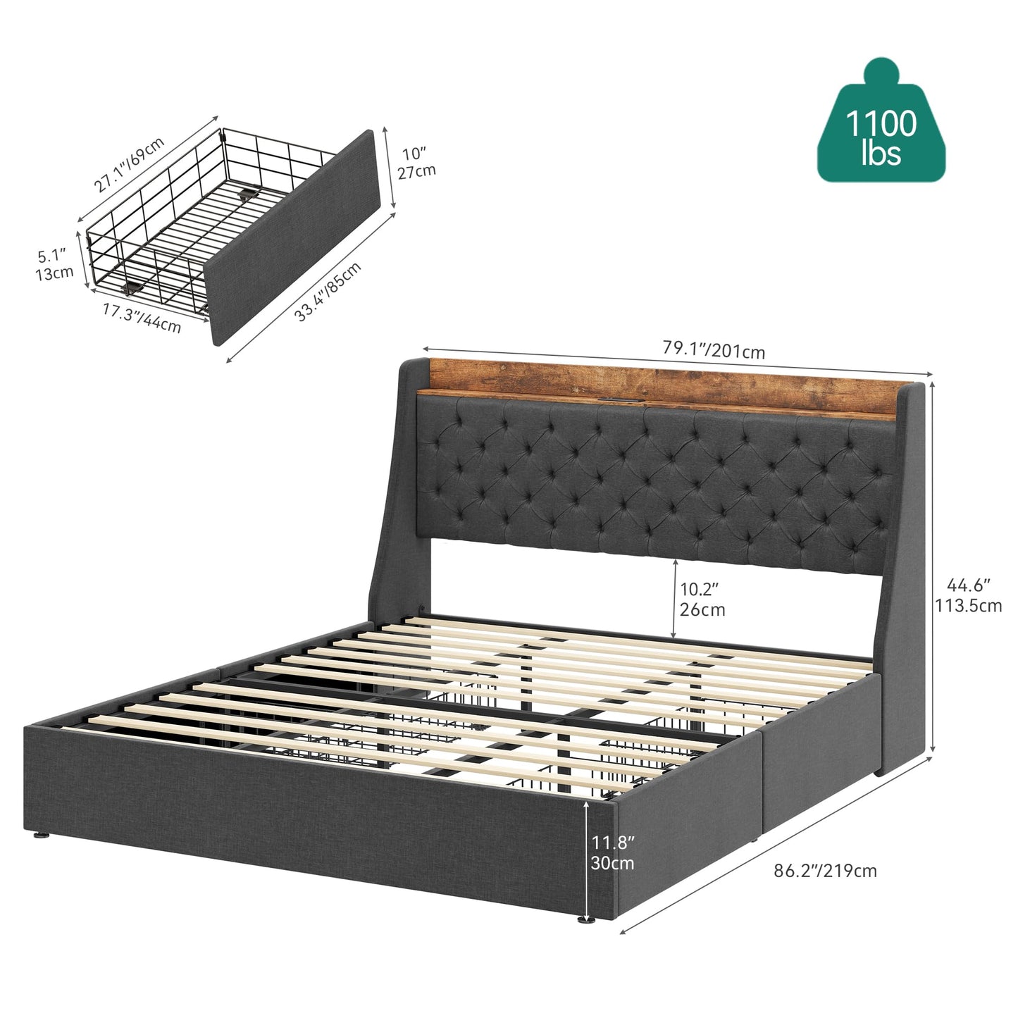 YITAHOME King Size Bed Frame with 4 Storage Drawers, Upholstered Platform Bed Frame with Wingback Storage Headboard, Outlets and USB Ports, Sturdy Wood Slats, No Box Spring Needed - Gray