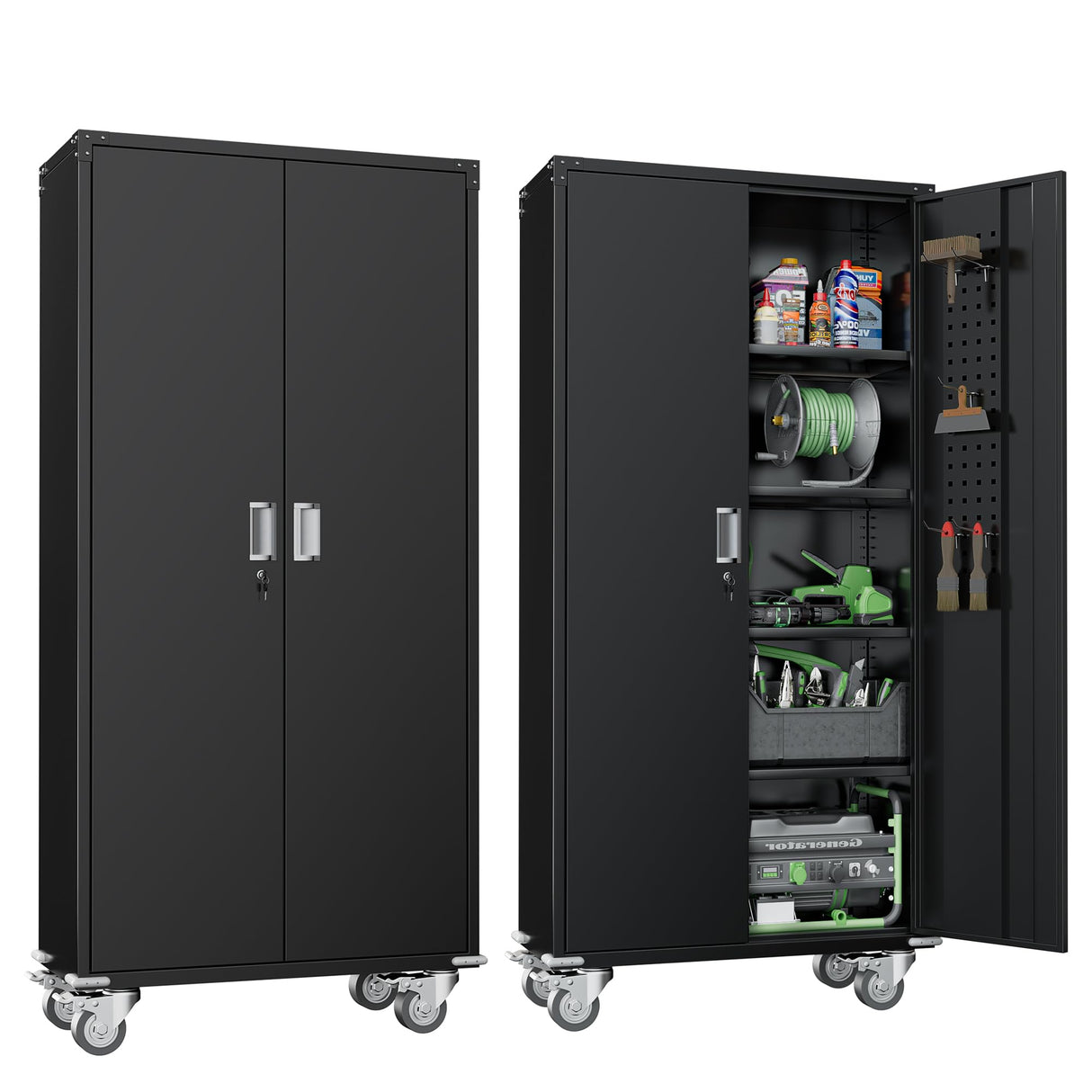 Greenvelly Metal Storage Cabinet with Wheels,72” Black Garage Storage Cabinet with Pegboards and Wheels, Rolling Tool Cabinet with Locking Doors and Shelves for Home,Basement, Kitchen Pantry,Warehouse Greenvelly