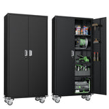 Greenvelly Metal Storage Cabinet with Wheels,72” Black Garage Storage Cabinet with Pegboards and Wheels, Rolling Tool Cabinet with Locking Doors and Shelves for Home,Basement, Kitchen Pantry,Warehouse Greenvelly