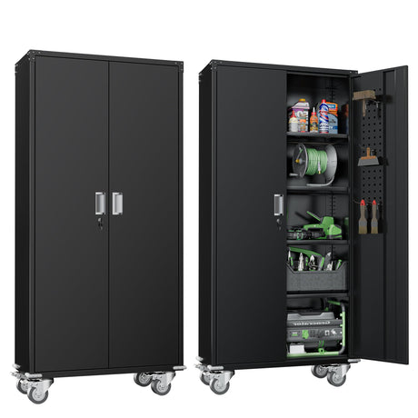 Greenvelly Metal Storage Cabinet with Wheels,72” Black Garage Storage Cabinet with Pegboards and Wheels, Rolling Tool Cabinet with Locking Doors and Shelves for Home,Basement, Kitchen Pantry,Warehouse Greenvelly