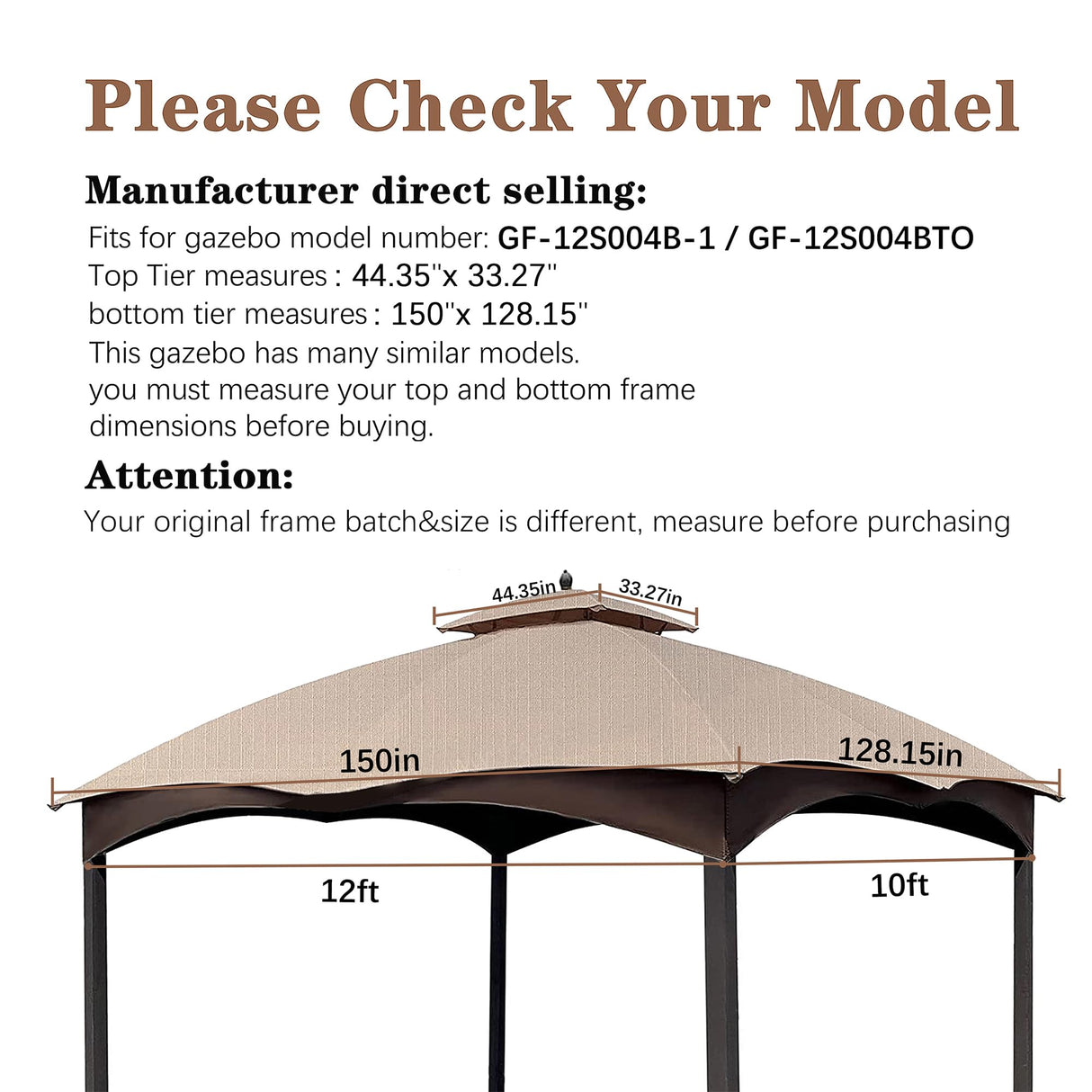 SCOCANOPY Light Beige Ripstop Replacement Top for Lowe's Allen Roth 10X12 Gazebo Model #GF-12S004B-1/ GF-12S004BTO SCOCANOPY