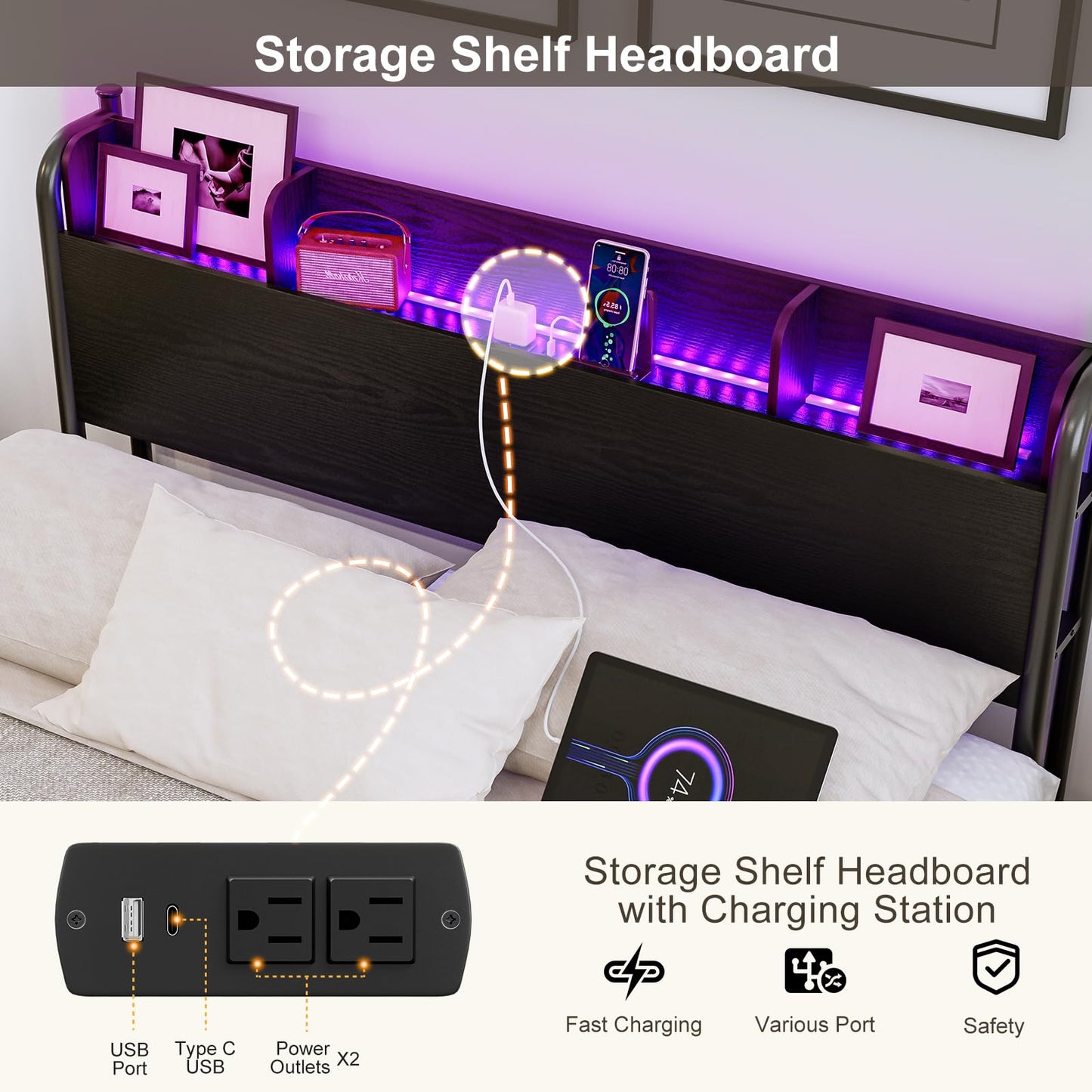 IKIFLY Modern Queen Size Storage Headboard with LED Lights and Charging Station - Black - WoodArtSupply