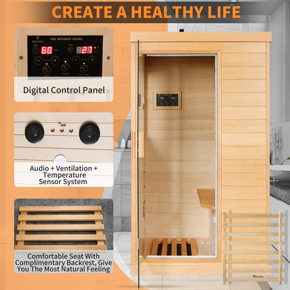 ToTibuy Far Infrared Home Sauna Low-EMF 800W Canadian Hemlock Indoor Sauna with Control Panel, Bluetooth,35.2 * 27.6 * 61.6Inch