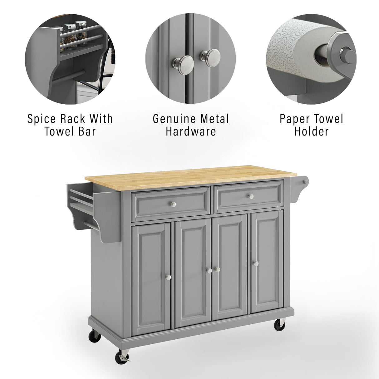 Crosley Furniture Full Size Wood Top Rolling Kitchen Island Storage Cart, Microwave Stand, Spice Rack, Gray Crosley Furniture